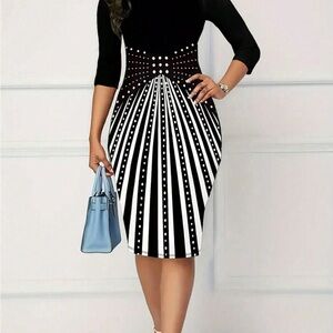 Elegant Black and White Formal Bolo Striped Church Dress